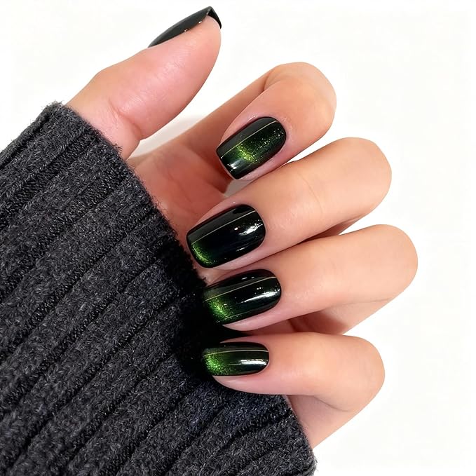 Press on Nails Short Square, Green Cat Eye Nails, St. Patrick's Day Nail, Glue on Nails Short, Football Nail, French Tip Smile Line Cat Eye Nails, Reusable, Acrylic 30Pcs(Green)