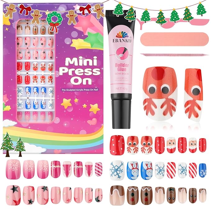 130 Pieces Christmas Press on Nails for Kids, EBANKU 5 Pack Kid Fake Nail Kit Old Christmas Cute Press on Nails for girls 8-12 Years with Jelly Nail Adhesives & Nail Builder Glue