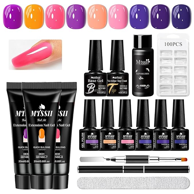 MTSSII 15Pcs Gel Nail Polish Set 6Pcs Gel Polish + 3Pcs Poly Nail Extension Gel Pink Purple with Slip Solution, Dual-Ended Brush for Polygel Nail Art Salon DIY Beginner Kit