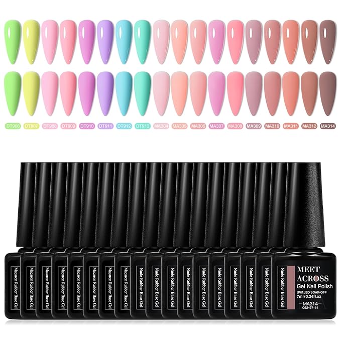 MEET ACROSS 18Pcs Nude Pink Builder Gel Base Coat for Nails, Purple Brown Rubber Base Gel Polish 2 IN 1 Rubber Base Gel for Nails Nail Design Gifts