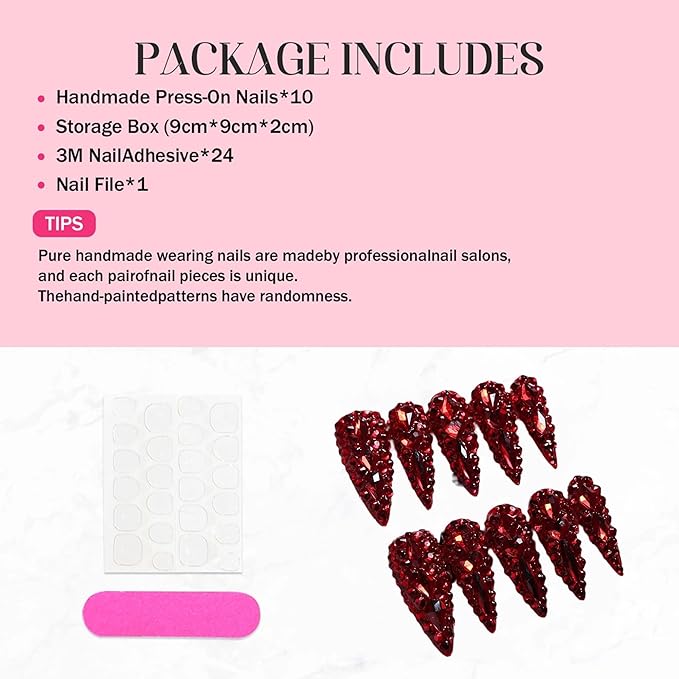 Long Almond Press on Nails Handmade Fake Nails Sparkly Red Rhinestones Full Cover False Nails with Designs Luxury Reusable Stick on Nail for Women 10Pcs(Size M)