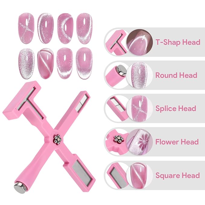 5 Pcs Cat Eye Magnet for Nails Polish, 3-in-1 Nail Art Magnet Pen set Magnetic Cat Eye Gel Nail Polish Accessories Art Design Kit Tools, Multifunctional Magnet for Cat Eye Gel Polish Set for Home Pink