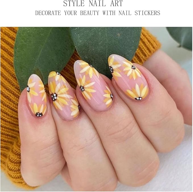 JMEOWIO Gel Nail Stickers Sunflower Daisy Flower Semi Cured Gel Nail Strips Wraps UV/LED Supplies Nails Art Design Decoration Accessories