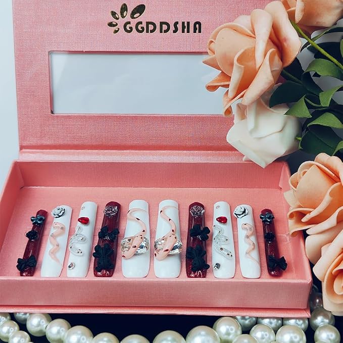 2025 Long Handmade PMMA Acrylic Press-On Nails with Rhinestone Snake Rose Design, Dark Bear Collection Nails, Reusable Fake Nails w/Box, Gift for Women (White & Red, Medium)