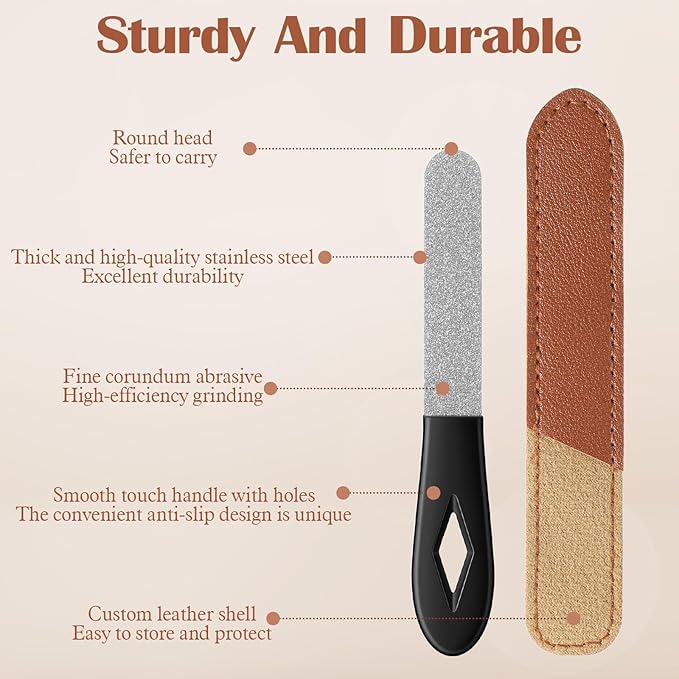 2 Pack Metal Nail File Stainless Steel Manicure Filer Double Sided Fingernail Files with Anti-Slip Handle and Leather Case 3.5 in Mini Small Travel Nail Filer for Men and Women