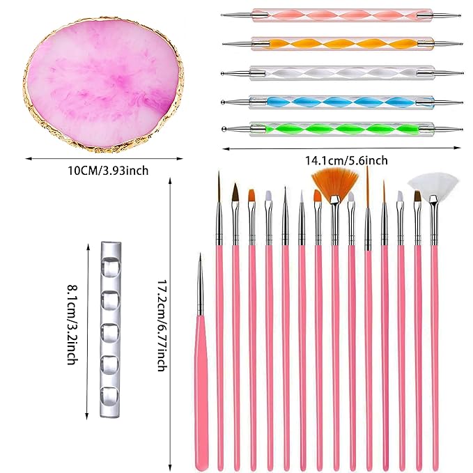 22PCS Nail Art Tools Kit, Nail Brushes Set with Dotting Tools, Palette, Transparent acrylic pen holder, Professional Nail Design Brushes for Nail Painting, Drawing, Detailing - Pink