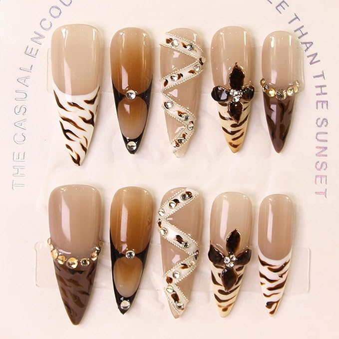 Luxury French Press on Nails Long Almond Handmade Nails with Glue,Brown False Nails with Flower Art Design Fall Nail Press ons Muti-Layer Gel Handmade False Nails for Women (Size S)