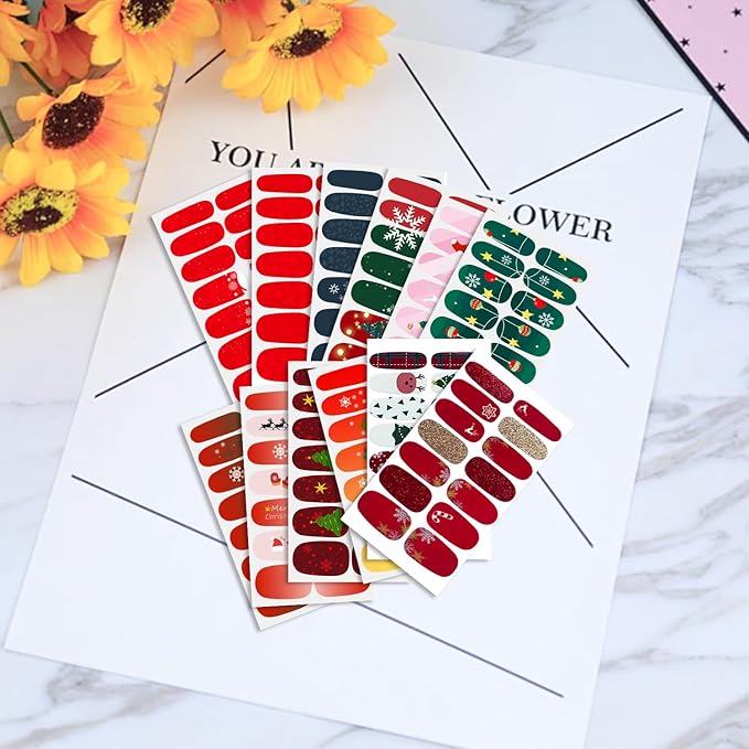WOKOTO 20 Sheets Christmas Nail Stickers Stick On Nail Polish Strips For Christmas Day Winter Nail Art Polish Stickers Christmas Gel Nail Wraps Christmas Father Deer Tree Gel Nail Strips Stickers