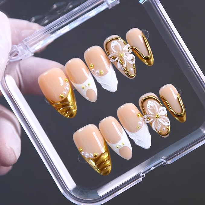 Press On Nails - Handmade French Almond Fake Nails, French Nails Design, Reusable Artificial Almond False Nails for Women 10 Pcs 3D Acrylic Nails Kit (Size M)