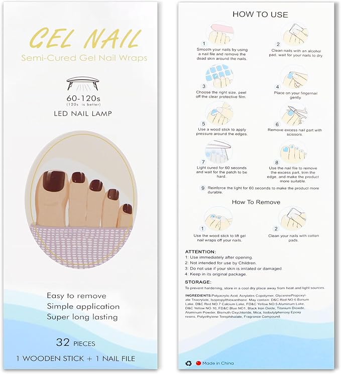 JMEOWIO Gel Toenail Stickers Wine Red Semi Cured Gel Strips Wraps UV/LED Supplies Toenail Art Design Decoration Accessories