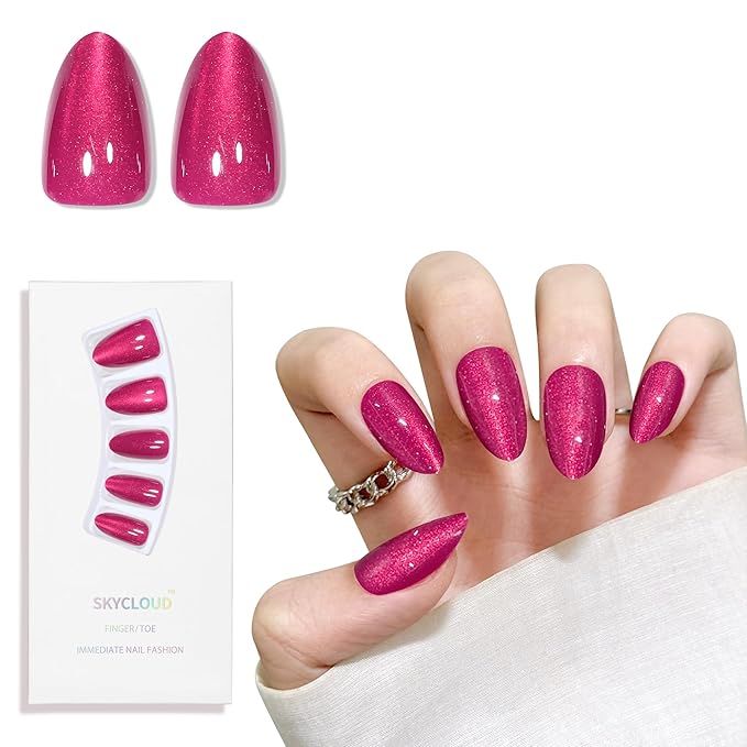 Rose Red Almond Cat Eyes Press On Nails,12 Sizes - 24 Pcs Soft Gel Red Medium Fake Nails Kit with Nail Glue, Natural Reusable Stick On False Nails for Women and Girls SK1024