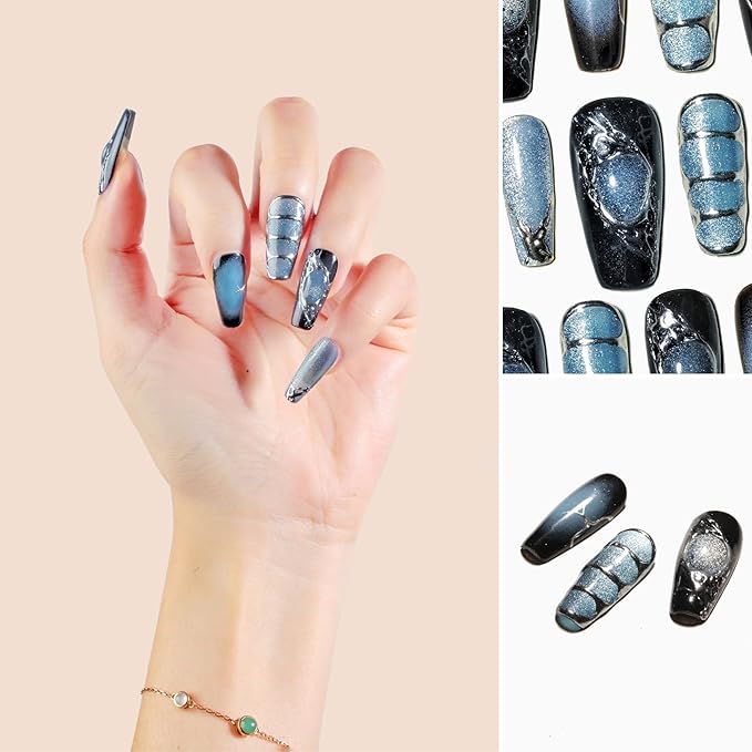 Sun&Beam Nails Handmade Press-on Medium Long Coffin Ballerina Blue Sliver Black Y2K Gradation Design False Nail Tips 10 Pcs (#138 M)