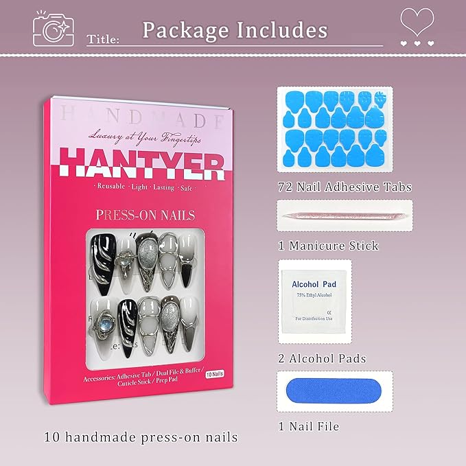 Gothic Press on Nails with Tools Kit, 10pcs Long Stiletto Glossy Nails in Black & Metallic Silver, Hand-Painted 3D Art & Round Cat Eye Charms, Edgy Style for Concerts & Parties (Size M)