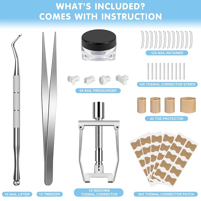 Ingrown Toenail Removal Kit, Professional Ingrown Toenail Treatment Includes Ingrown Toenail Corrector, Tweezer, 50pcs Corrector Patches, 12 Toenail Braces, 10 Ingrown Toenail Corrector Strips