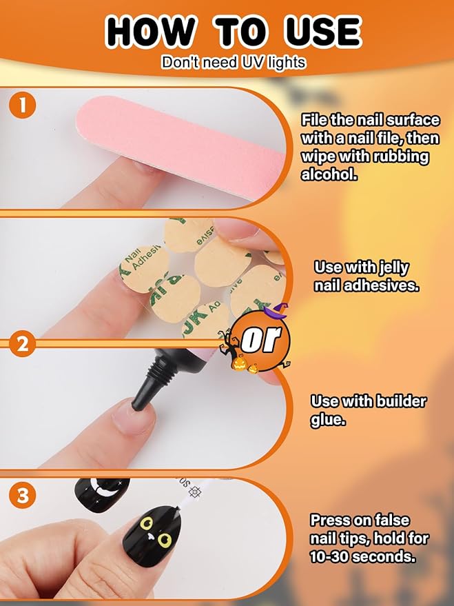 72Pcs Halloween Press on Nails, Fake Nails Full Cover Cute False Nails with Skull Designs Dark Glossy Stick on Nails for Girls Kids with Nail Glue
