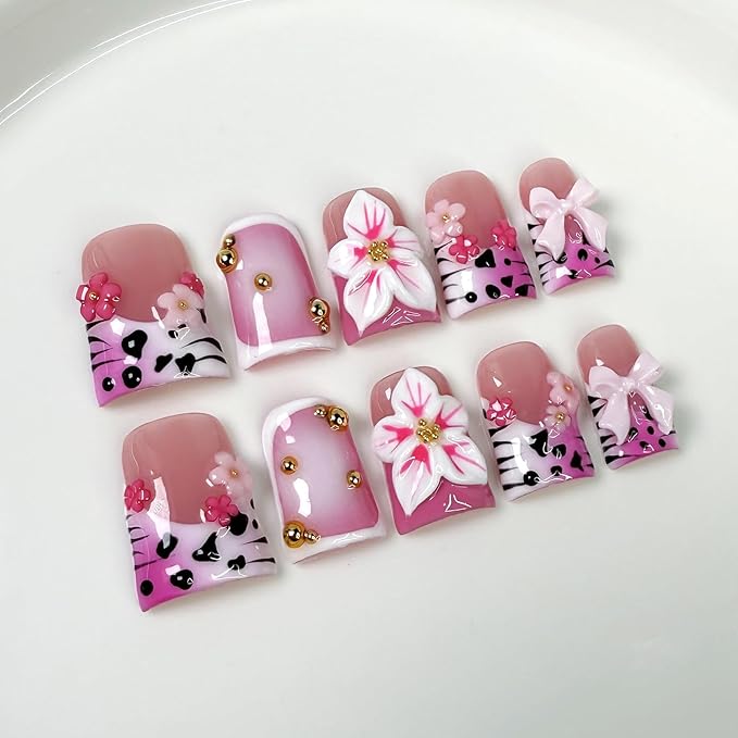 10Pcs Cute Leopard French Tip Press on Nails Handmade Fake Nails with 3D Flower Bow Design Short Duck False Nail Handmade Acrylic Nails Press ons Reusable Pink Flower Stick on Nails for Women (M)