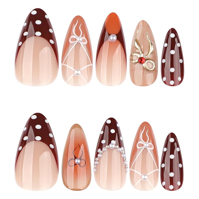 Almond Press on Nails Medium - Spot Fake Nails with Bow Design - Pearl False Nails Press Ons - for Women Manicure 24 Pcs