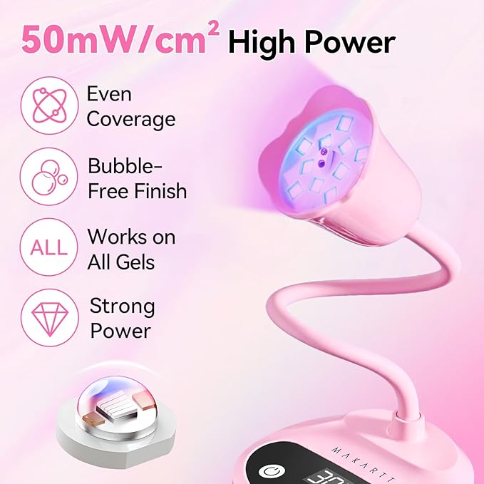 Makartt UV Nail Lamp - Gooseneck LED Nail Light with Auto Sensor & 4 Timers, Rechargeable USB Cordless Flash Cure Lamp Nail Dryer Fast Curing Gel Polish at DIY Home Salon(Pink)
