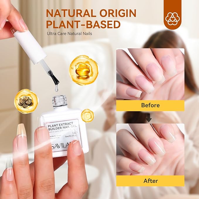 SAVILAND Clear Builder Nail Gel - 15 ml Builder Nail Gel In A Bottle Nail Extension Gel Hard Gel Nail Strengthener Rich in Castor Oil & Vitamin E for Damaged Nails Nail Repair Reforcement Art