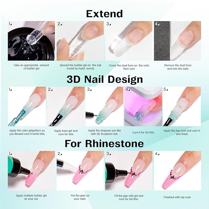 Solid Builder Gel for Nails and 3D Sculpting Nail Gel Set for Extensions, Sculpture, Designs, Chrome Powder, Rhinestones - Soak Off UV/LED for Salon Home DIY