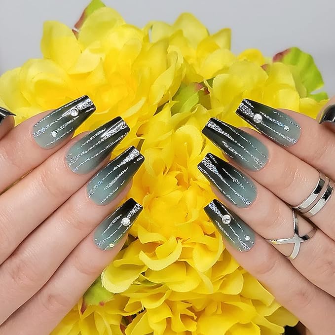 Hypnaughty 24 Pcs LUXE Black and Green Ombre Luxury Rhinestone Coffin Press on Nails with Glitter Design and Glue Long Fake Nails Black and Green Ombre Nails with Glitter and Rhinestones (LUXE)