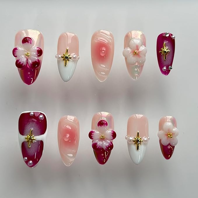 Luxury Press on Nails Medium Almond Handmade 3D Unique Reusable ABS Material Fake Nails Chrome French Tip False Nails with Designs Pink Flower Pearls Glossy Glue on Nail Thick Acrylic Nail(M)