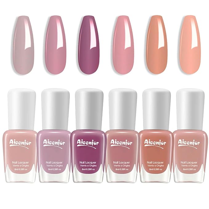 Nude Nail Polish Set, Quick Dry Fingernail Polish 6 Classic Nude Colors Collection, Nude Pink, No UV Light Needed, Long Lasting for Nail Art Design at Home DIY