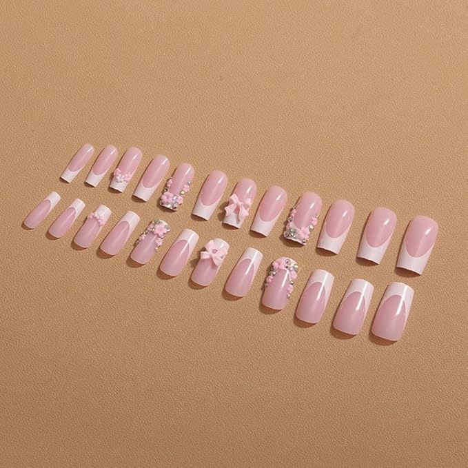 Long Press on Nails 3D Flower Fake Nails Square with Bow Charms Design Rhinestones French Tips Glue on Nails Spring False Nails Summer Nails Glossy Reusable Full Cover Manicure for Women 24PCS