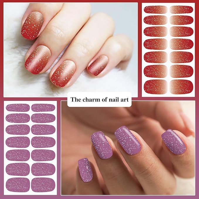 DANNEASY 16 Sheets Nail Polish Stickers Full Nail Wraps for Women Gradient Color&Glitter Fingernails Wrap Adhesive Nail Polish Strips Gel Nail Strips with File, Cuticle Stick