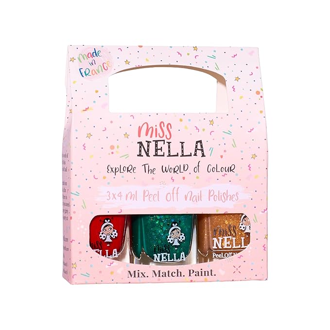 MISS NELLA CHRISTMAS SPARKLE- Peel Off, Odour Free, Water Base & Safe for kids nail polish pack of 3- green (glitter), red & gold (glitter)