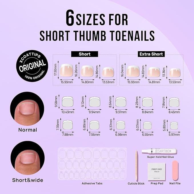 BTArtbox Press on Toenails Short, White French Tips Press on Toe Nails Square, Light Weight & Fit Perfectly Glazed Glue On Toenails with Glue, Fake Toe nails in 16 Sizes- 32 Kit, Hope Hope