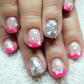24Pcs Valentines Press on Nails French Tip Short Square Fake Nails with Heart False Nails Rose Pink Nail Tips Acrylic Nails Silver Glitter Valentines Glue on Nails for Women DIY Manicure Design