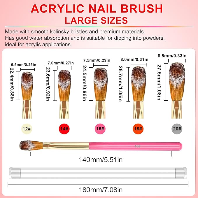 Acrylic Nail Brush Set, 5pcs Acrylic Nail Brush for Nails Size 12/14/16/18/20 Multifunctional Nail Brushes for Acrylic Powder Application,Acrylic Nail Extension, 3D Nail Carving Nail Brush set