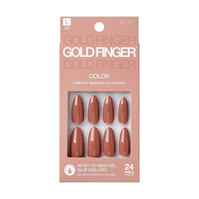 GoldFinger False Nails Kit, Ready to Wear Brown Fake Nails, Manicure Stick and Glue Included, Long Oval Shape, Long-Lasting Hottest Trend Glue on Nails, Convenient & Easy to Apply, All Occasions