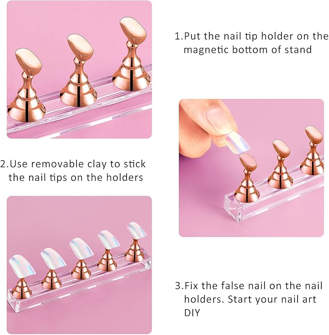 Blulu 2 Sets Nail Stand for Press on Acrylic Nails Display Practice Magnetic Fake Nail Holder for Painting Nails for False Fingernail Manicure Tool Home DIY Salon Supplies(Rose Gold)