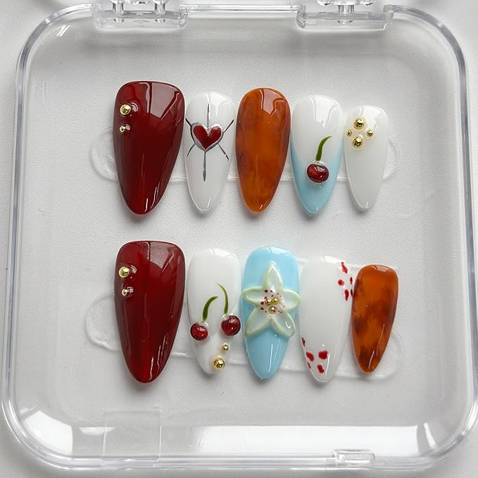 Luxury Press on Nails Medium Almond Handmade 3D Unique Reusable ABS Material Fake Nails French Tip False Nails with Designs Cherry Flower Glossy Heart Glue on Nail Thick Acrylic Nail(M)