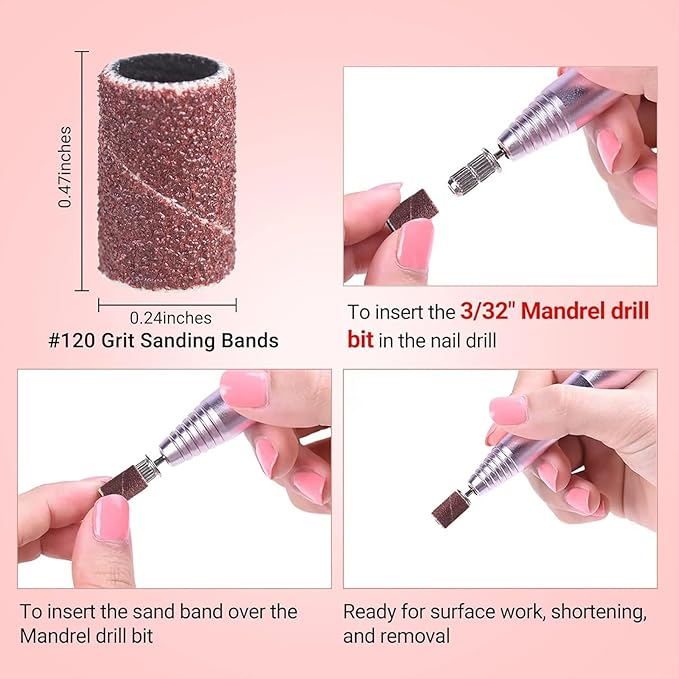 MelodySusie 100 Pcs Nail Drill Bits Sanding Bands for Nail Drill 120 Medium Grit Nail File Sanding Bands for Acrylic Nails Gel Manicures and Pedicure