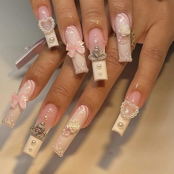 Press on Nails Long Pink False Nails Inlaid with Heart-Shaped Pearls, White Roses, Bows, and Crowns Showing The Noble Temperament of Women Girls' Fake Nails - 24 pieces (with Free Tool Kit)