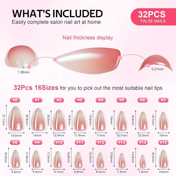 Short Press On Nails Ons Almond - Findigit Glossy Nude White Ombre Soft Gel Nails, Natural Reusable Stick On Nails with Glue On in 16 Sizes - 32 Fake Nails Kit, Almond Ombre Glazed