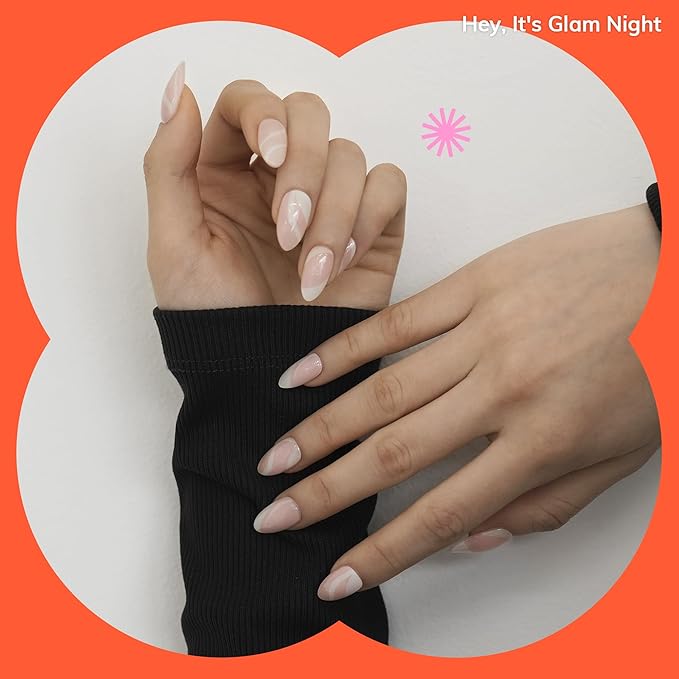 Heyhae Semi Cured Gel Nail Strips | No LED Lamp Needed | French, Pink, Spring | Easy Apply & Remove, Salon Quality | Includes 28 Strips, 1 Prep Pads, Nail File & Wooden Stick - Hey, It's Glam Night