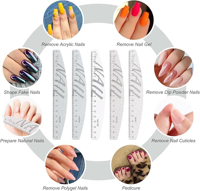 5Pcs 80/100/150/180/240/320 Grit Nail Files and Buffers with Measuring Scale Double Sided Emery Boards Washable Reusable Fingernail Coarse Files Professional Manicure Tools