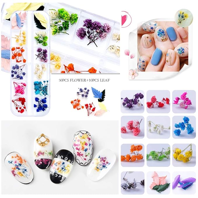 108 Pcs Dried Flowers for Resin Nail Art 62 Colors 3D Dry Flowers for Nails 2 Boxes Small Tiny Dried Flowers for Nail Art Little Pressed Real Natural Flower Nail Art Design Decoration Supplies
