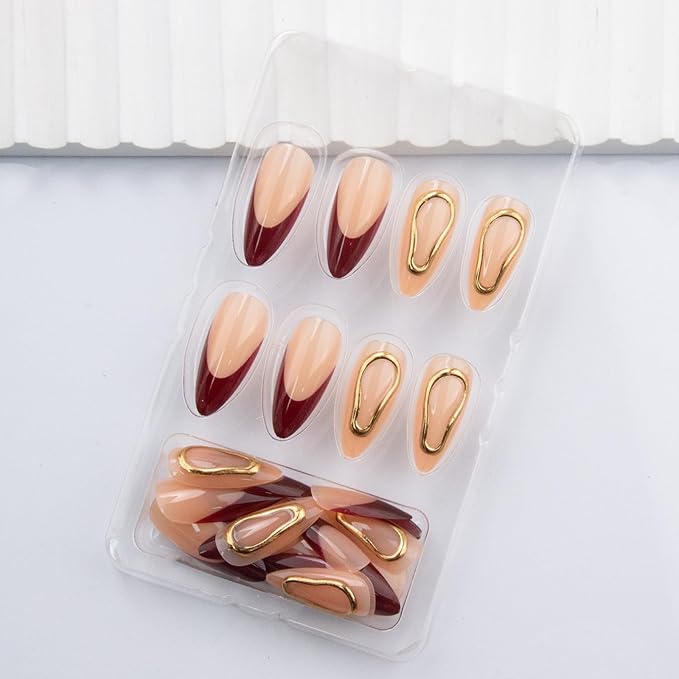 Red French Tip Press on Nails Medium Almond Fake Nails Gold Embossed Irregular Geometric False Nails Wine Red French Acrylic Nails Glossy Glue on Nail for Women Manicure 24Pcs