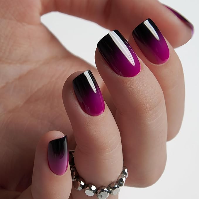 Curvlife Press on Nails 30pcs Fake Grayish Purple Acrylic Nails with Short Design Full Cover, Reusable Nail Kit with Nail Glue Adhesive Tabs
