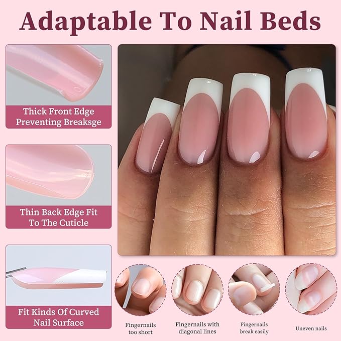 120PC White French Tip Press on Nails Medium Fake Nails Press ons with 5*Adhesive Tabs, Pink Square Acrylic Nail Press on Nail French Tip Nails False Artificial Fingernails Stick on Nails-A