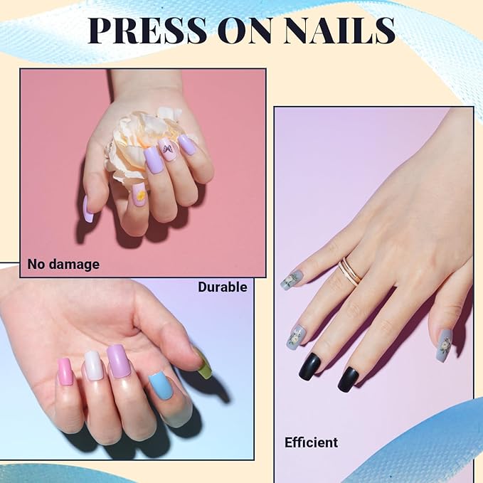 TsMADDTs Medium Square Press on Nails, 720 pcs Fake Nails with Glue, Files, Sticker, Tweezer for Women Home Art DIY
