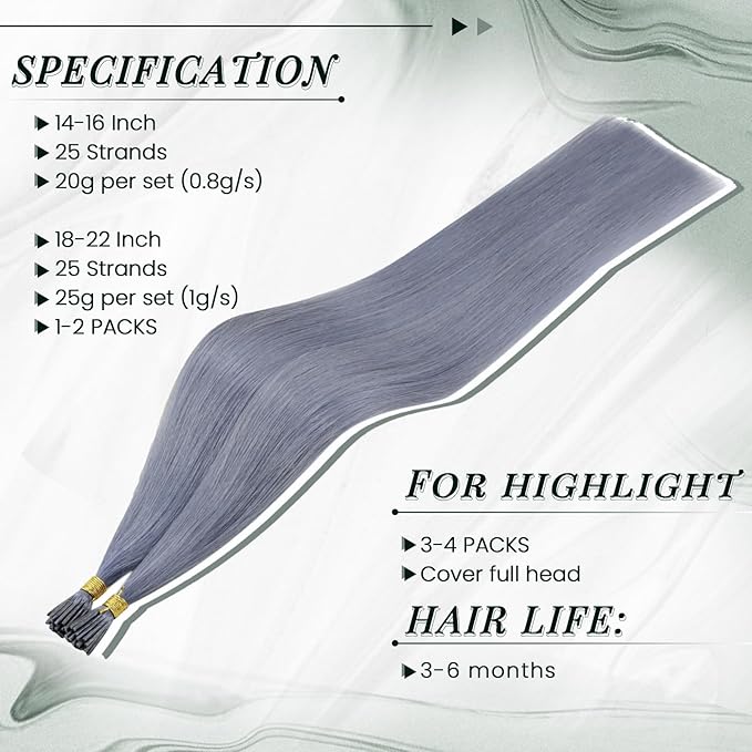 RUNATURE U Tip Hair Extensiosn 20 Inch 25g Real Human Hair Light Blue Hair Extensions for Highlight Cosplay Colored Blue Extensions Hair Invisible U Tip Extensions Silky Straight 25s