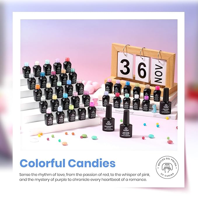 beetles Gel Nail Polish Set - 39Pcs Spring Gel Polish Pink Red Blue Purple Color Polish with Base Top Coat Soak off Uv LED Lamp Colorful Candies Manicure Kit Salon DIY Home Gifts for Women Girls