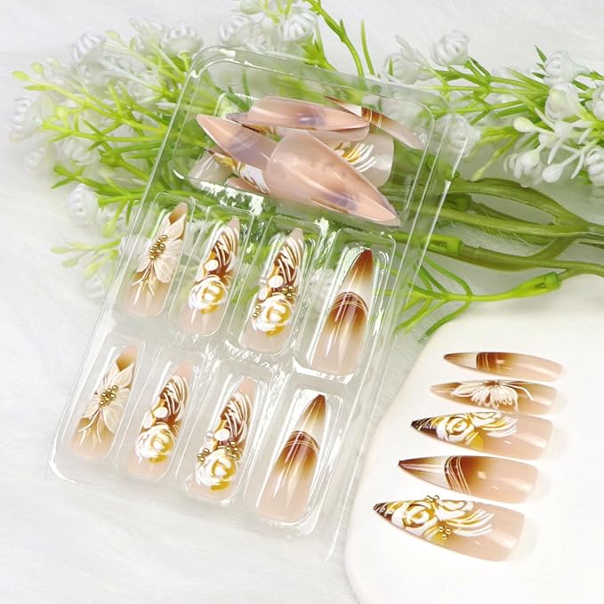 Long Press on Nails Stiletto Fake Nails Press ons with Butterfly Flower Line Swirl Designs Cute Almond Glue on Nails Acrylic Glossy Full Cover Stick on Nails for Women 24 Pcs