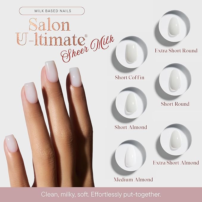 Press On Nails - Salon U-ltimate™ | Sheer Milk, Short Coffin Nails, Reusable | 16 sizes - 32 Nails Kit with Glue and Sticky Tabs